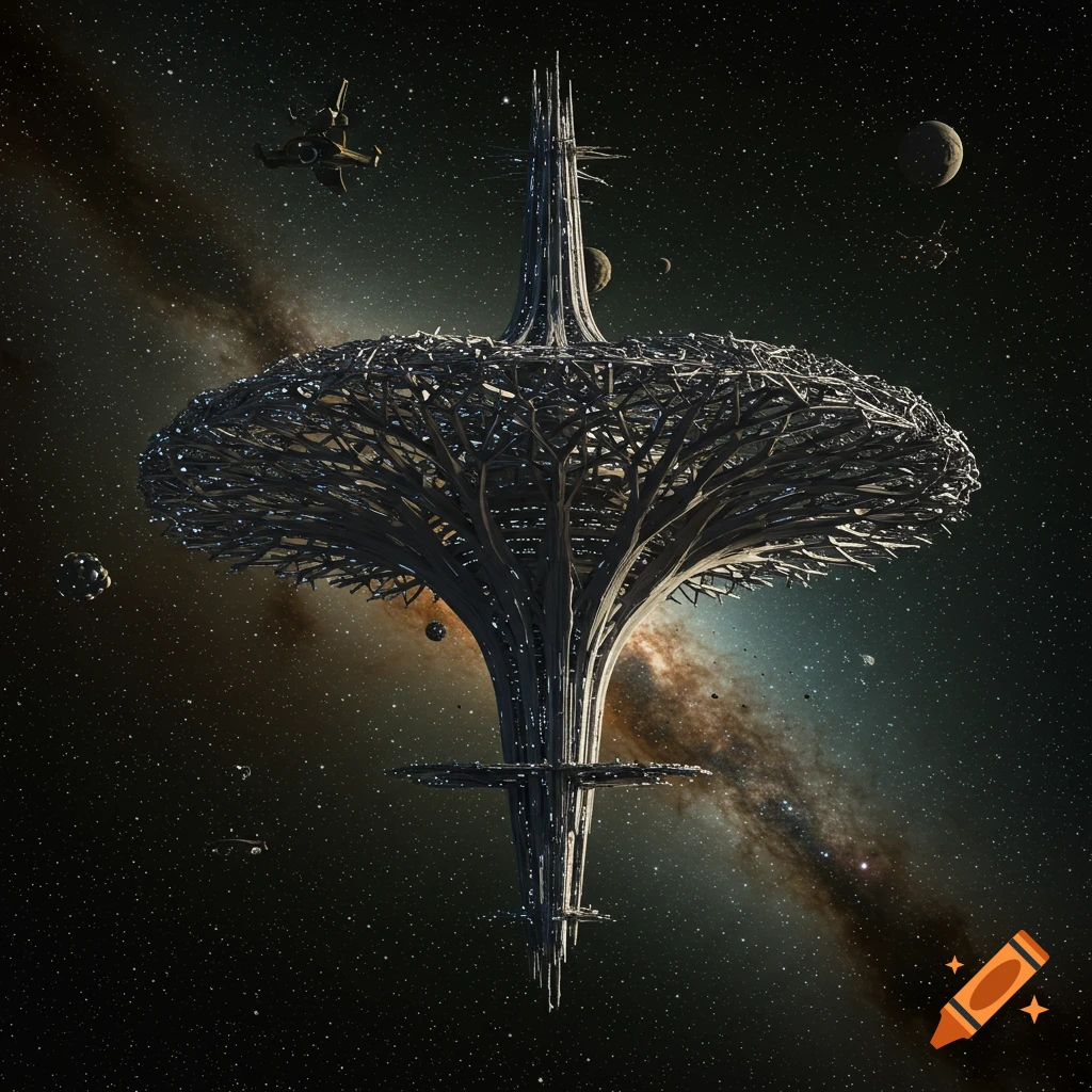 A colossal, intricately designed futuristic space station, resembling a cosmic tree, floats in deep space with stars and a nebula.