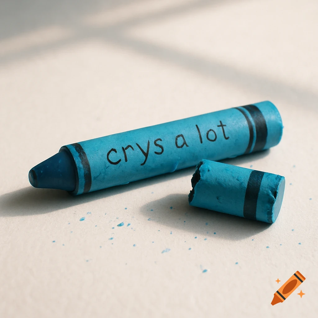 A broken blue crayon with 'crys a lot' written on it, lying on a light surface with crayon shavings.