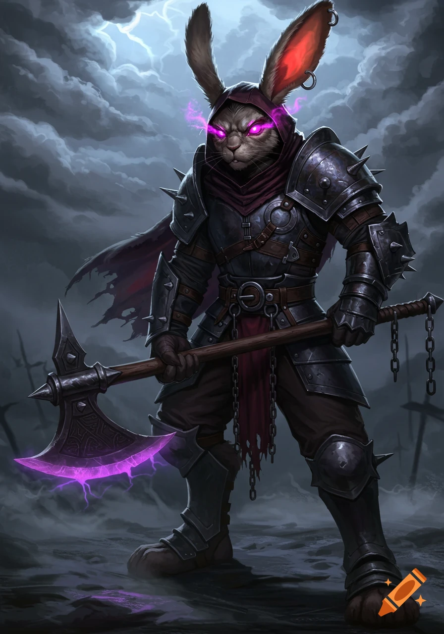 A fearsome rabbit barbarian in dark spiked armor with glowing purple eyes, wielding a glowing axe, stands against a stormy sky.