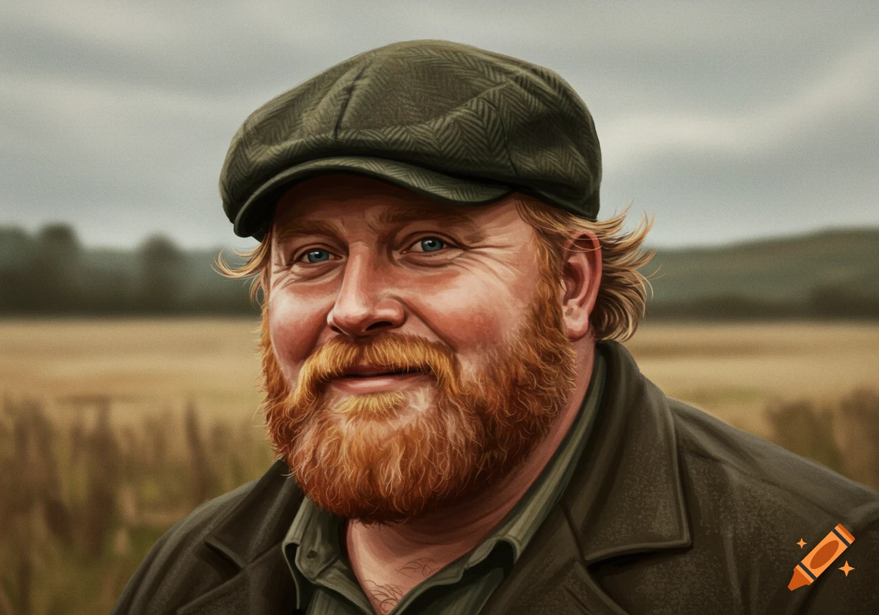 A jovial man with a red beard and dirty blonde hair, wearing a dark green tweed cap, smiles in a field.