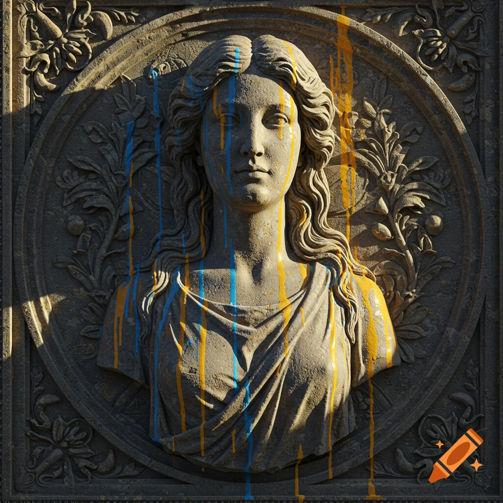 Bas relief sculpture of a woman with blue and yellow paint dripping down her face and chest.