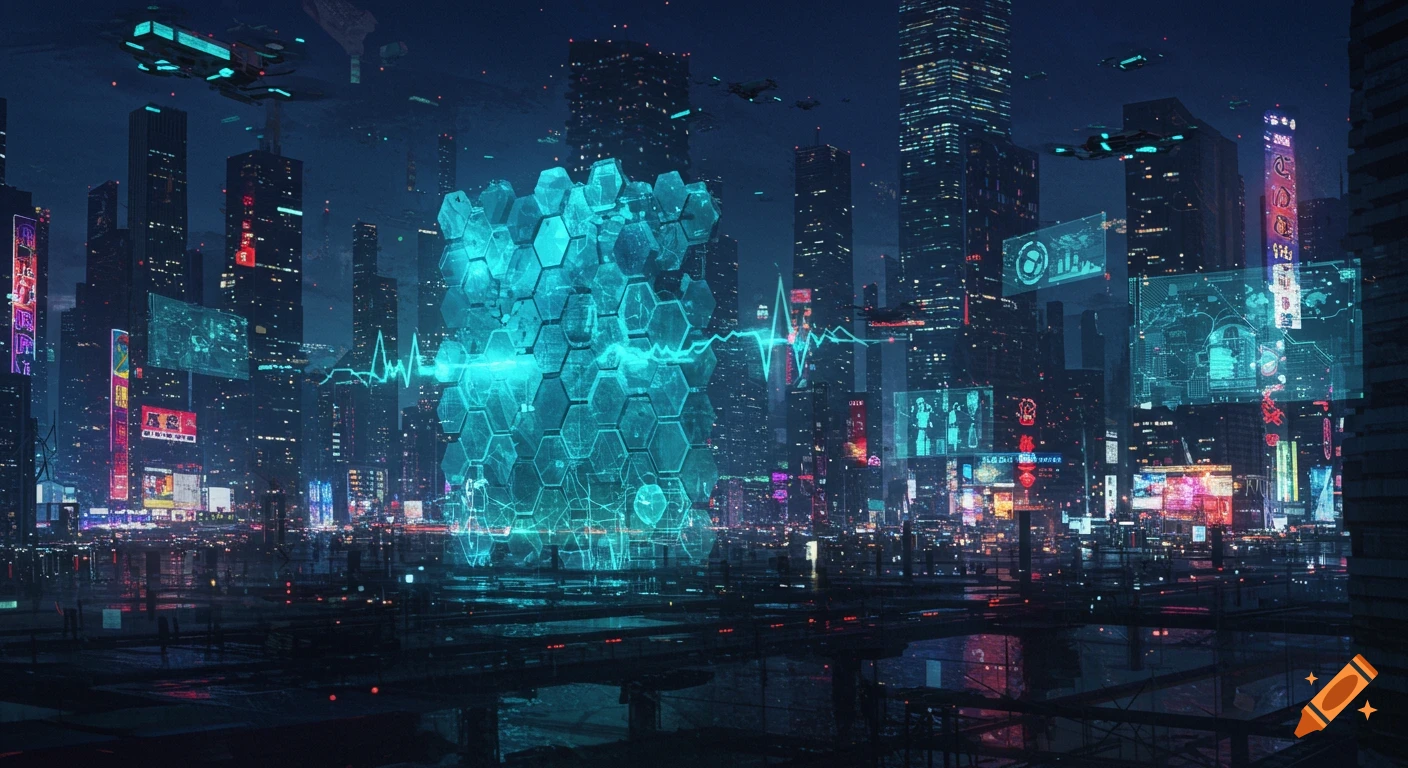 A dark, futuristic cyberpunk city at night with towering skyscrapers, flying drones, and glowing neon signs, centered around a large blue hexagonal digital firewall.