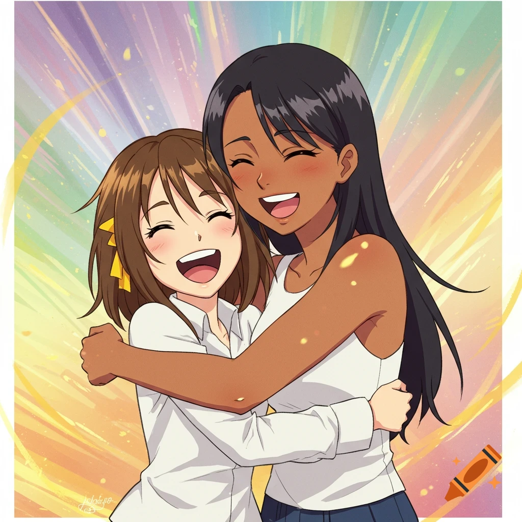 Two anime girls, one with brown hair and fair skin, the other with black hair and brown skin, hug and laugh. Vibrant anime style.
