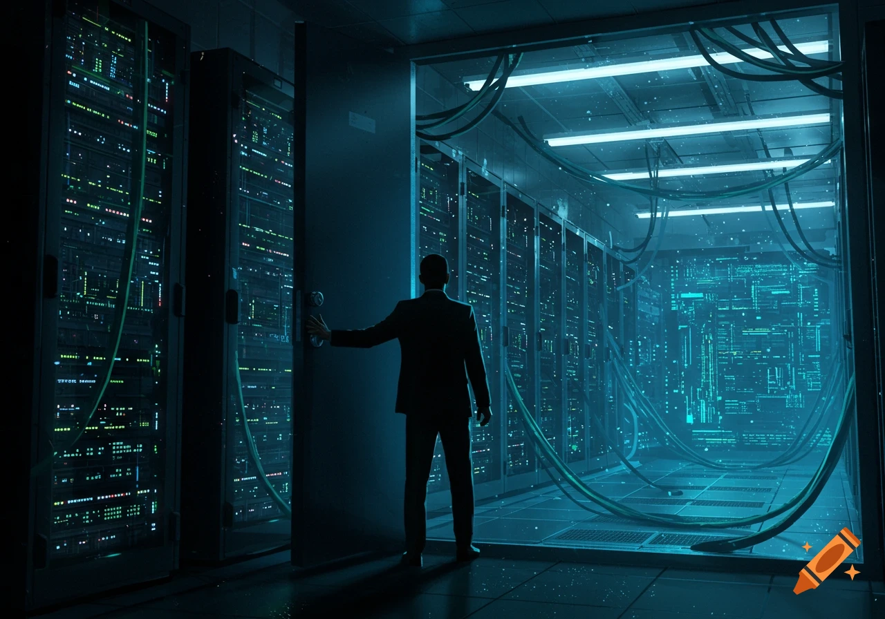 A man in a suit opens a door to a dark server room filled with glowing blue and green IT equipment.