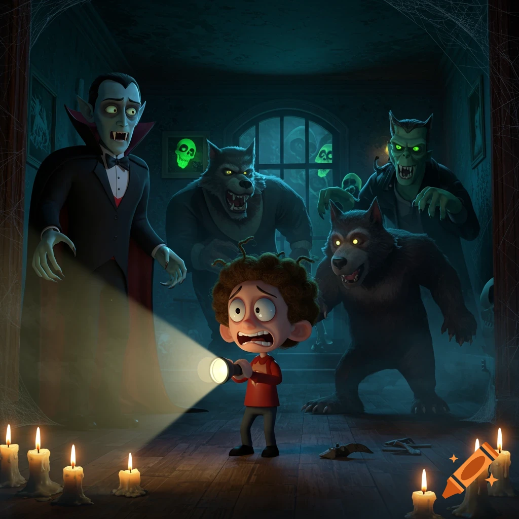 A scared cartoon boy with a flashlight faces a vampire, two werewolves, and a green monster in a spooky, dark room with candles.