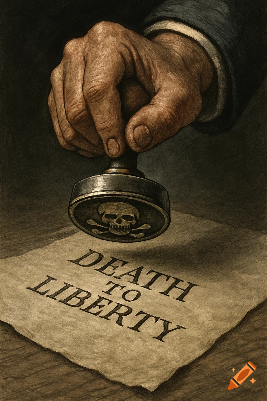 A stylized, dark illustration of a hand stamping a document with a skull and crossbones, and the words 'DEATH TO LIBERTY'.