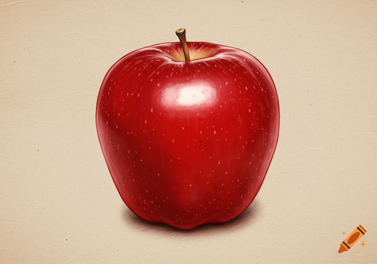 A vibrant red apple with a glossy skin and subtle hatching lines, on a textured light background.
