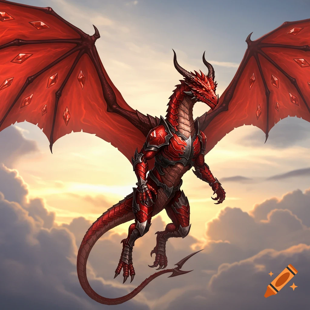 A majestic bipedal red dragon, armored with black and red scales, flies against a cloudy sunset sky.