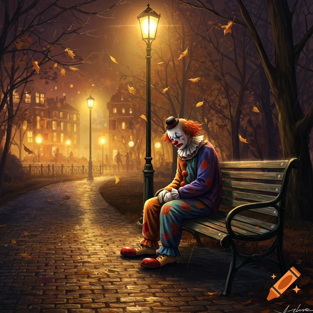 A melancholic clown in colorful attire sits on a park bench at night under a streetlamp, surrounded by falling autumn leaves.