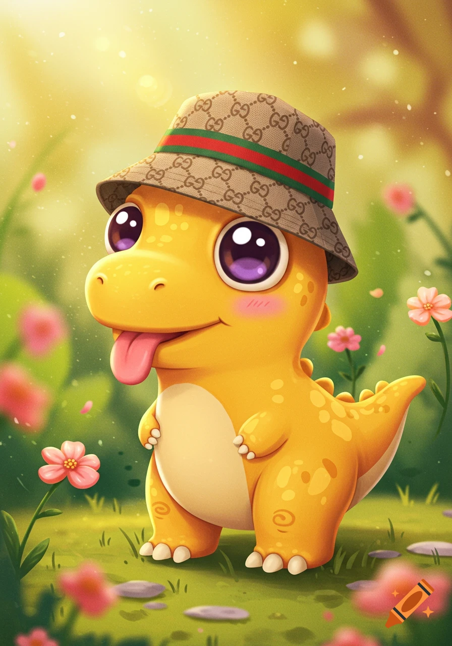 A cute yellow cartoon dinosaur wearing a Gucci bucket hat, sticking its tongue out, surrounded by pink flowers in a sunny field.