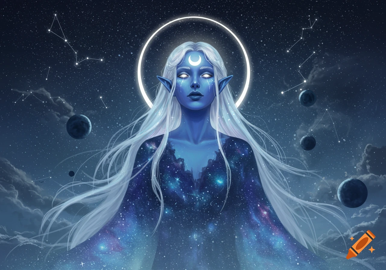 A blue-skinned moon goddess with long white hair and a galaxy-like body, surrounded by stars and planets in a dark blue night sky.