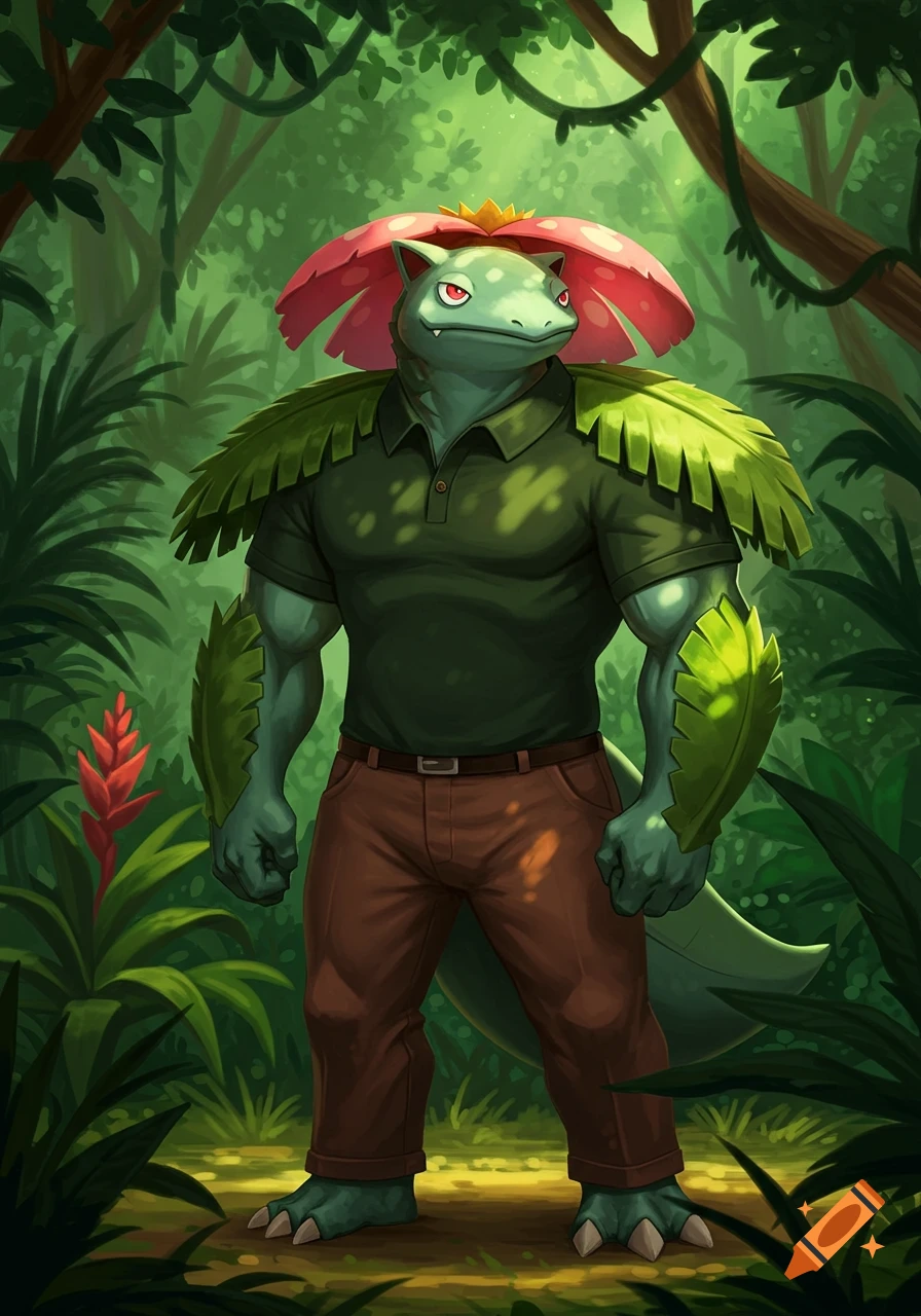 An illustrated anthropomorphic Venusaur-like creature in a dark green polo shirt and brown pants stands in a lush jungle.