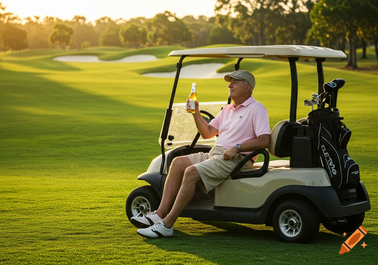 Photorealistic image of an aging man in a golf cart on a sunny golf course, drinking beer and looking into the distance.