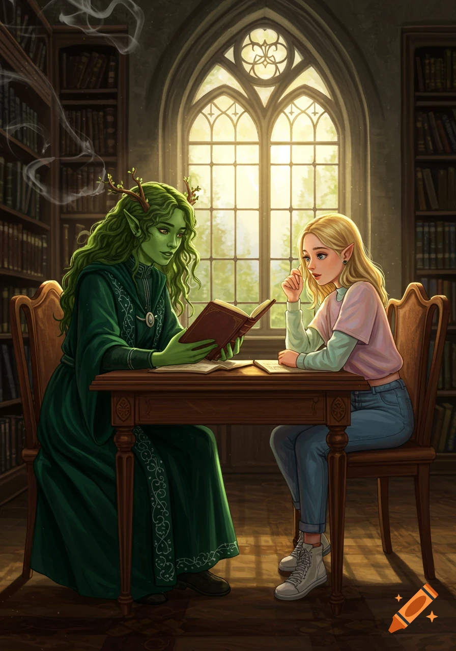 A green-skinned witch with antlers reads a book to a blonde girl with pointed ears at a table in a library with a gothic window.