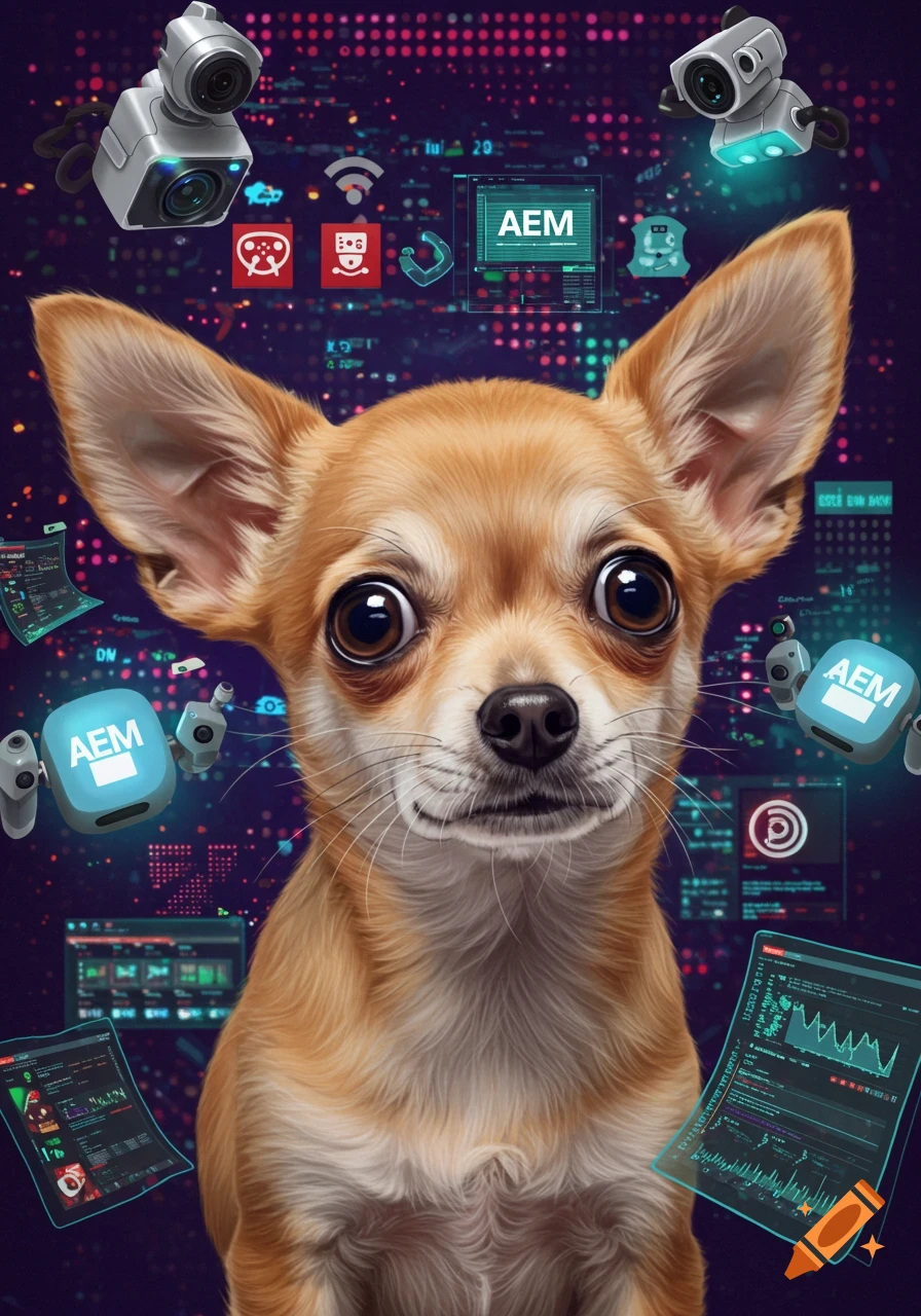 A wide-eyed chihuahua with large ears is surrounded by digital screens, floating cameras, and tech icons on a dark, futuristic background.