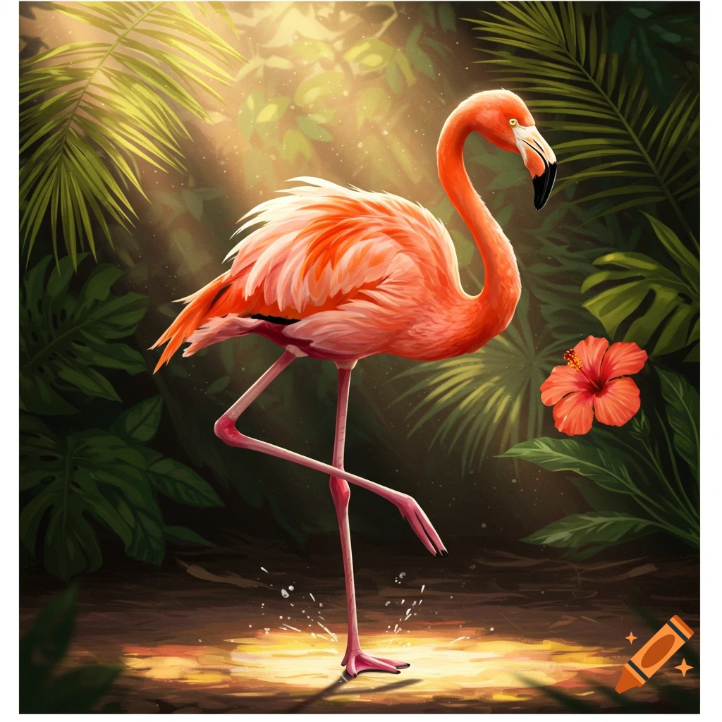 A vibrant pink flamingo stands on one leg in a tropical jungle, with a red hibiscus flower and sunlight filtering through palm leaves. Digital painting.