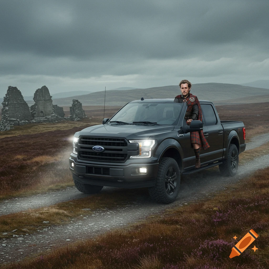A man in a kilt and cape stands by a black Ford F-150 pickup truck on a dirt road, with ancient ruins and hills in the background under a cloudy sky.