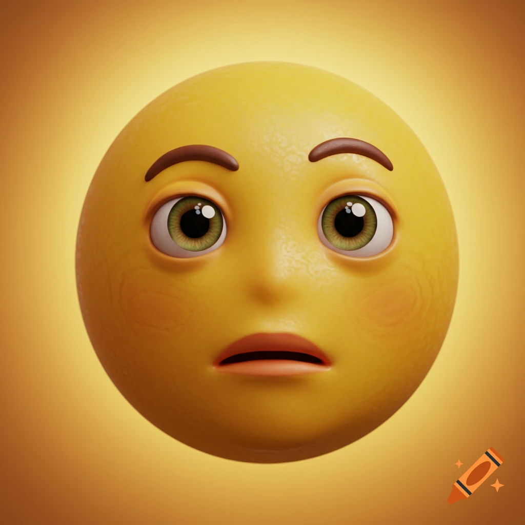 A realistic 3D rendered yellow emoji face with wide eyes and a slightly open mouth, showing a confused expression.