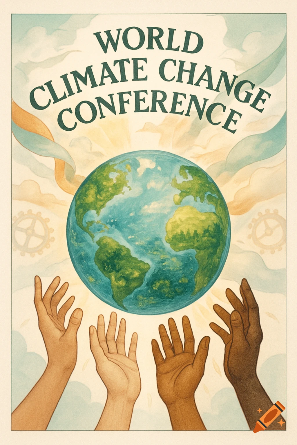 Illustration of a 'World Climate Change Conference' poster with a globe surrounded by diverse hands, against a cloudy sky.