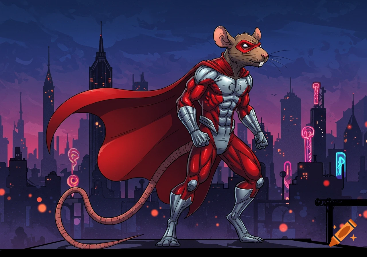 A comic book-style anthropomorphic superhero rat in a red and silver suit and cape stands on a rooftop at night.