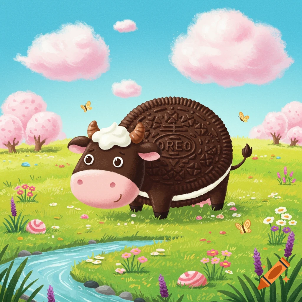 Whimsical illustration of a cartoon cow with an Oreo cookie body in a vibrant, flowery meadow with a stream and pink clouds.