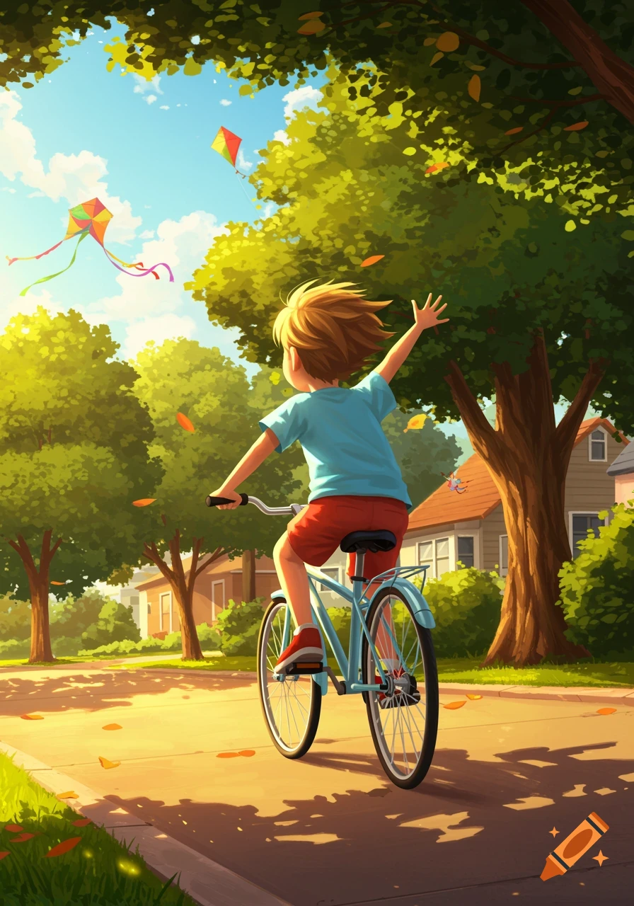 A young boy rides a blue bicycle on a sunny, tree-lined street with kites flying, in a vibrant cartoon style.