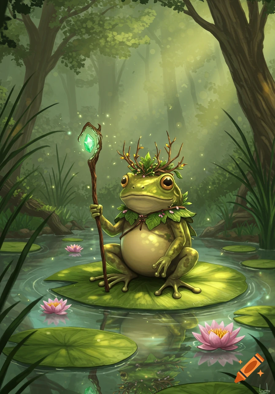 An illustrated frog druid with a leafy crown and glowing staff on a lily pad in a magical forest pond.