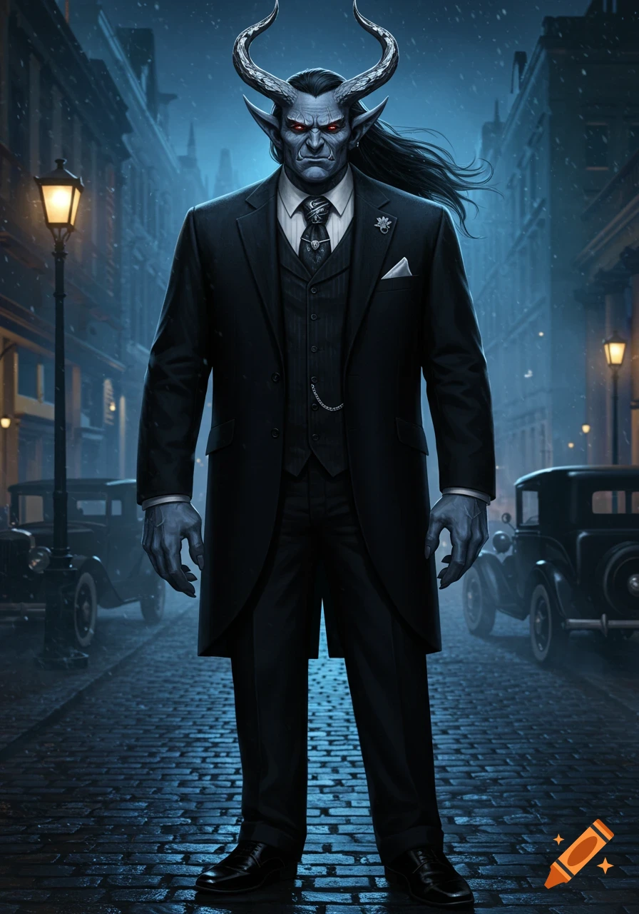 A tall, blue-skinned, horned troll-like creature in a dark 1920s suit stands on a wet cobblestone street at night with vintage cars and streetlights.