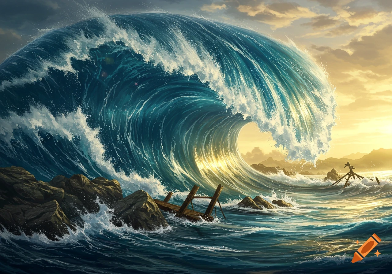 A huge, curling blue and white tsunami crashes onto a rocky shore at sunrise, with broken ships in the churning water.