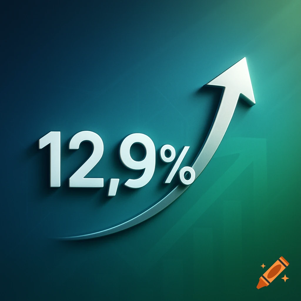 3D rendering of '12,9%' and an upward arrow on a blue-green gradient background.