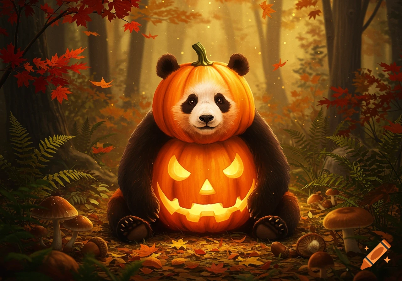 A cute panda dressed as a pumpkin sits in a magical autumn forest with glowing leaves and mushrooms.