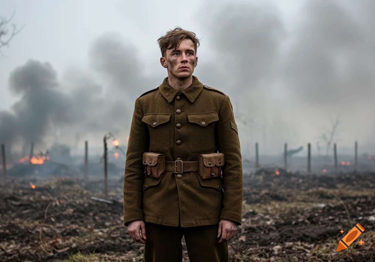 A pensive young soldier in a military uniform stands in a smoky, war-torn battlefield with fires in the background.