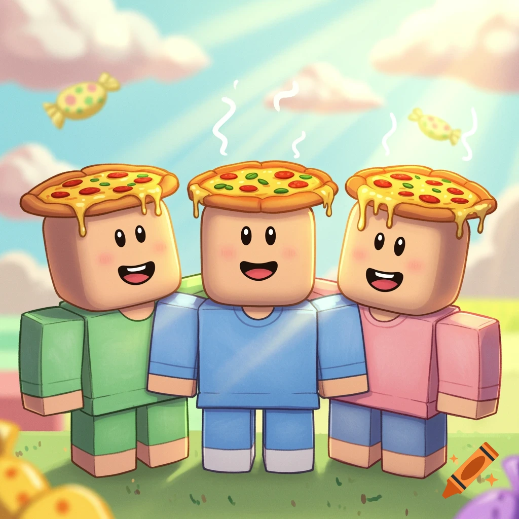 Three smiling, cartoon Roblox-style characters, each with a pizza on their head, in a sunny outdoor setting with floating candies.