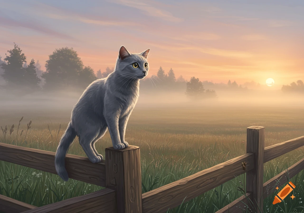 A gray cat stands on a wooden fence post, looking over a misty field at sunrise, digital painting.