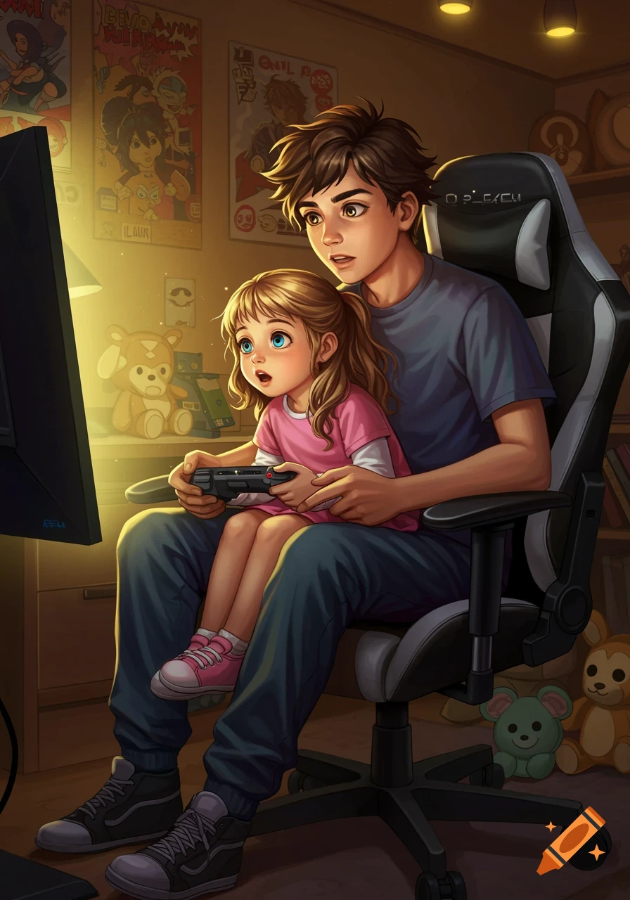 An older boy and a young girl with blue eyes play video games together, sitting in a gaming chair in a warm, dimly lit room with posters.