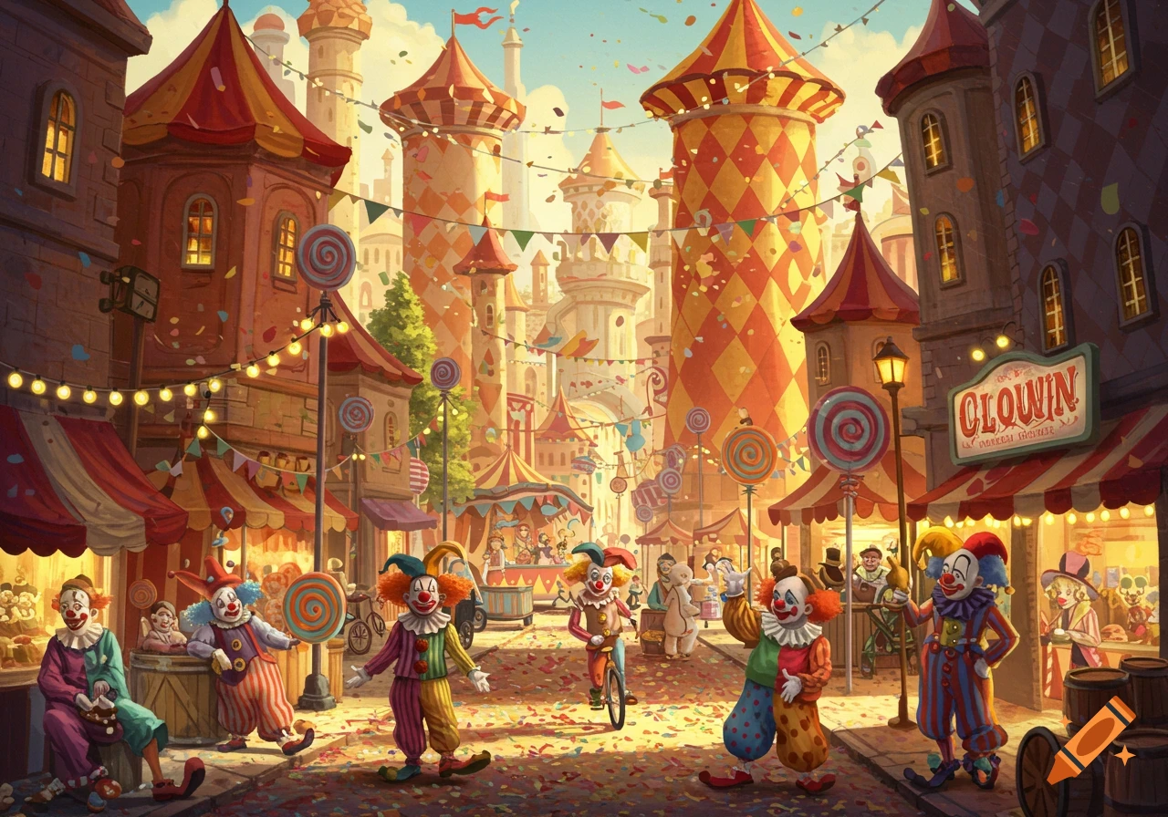 A vibrant, whimsical cartoon town filled with many colorful clowns, confetti, and carnival-style buildings under a bright sky.