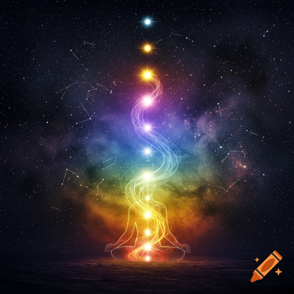 Glowing outline of a meditating figure with rainbow-colored chakras ascending into a starry cosmic nebula.