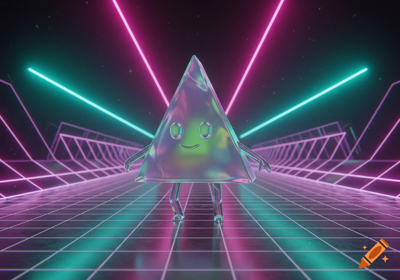 A smiling, iridescent triangle character stands on a purple grid in a dark synthwave scene with pink and teal neon lights, 3D render.
