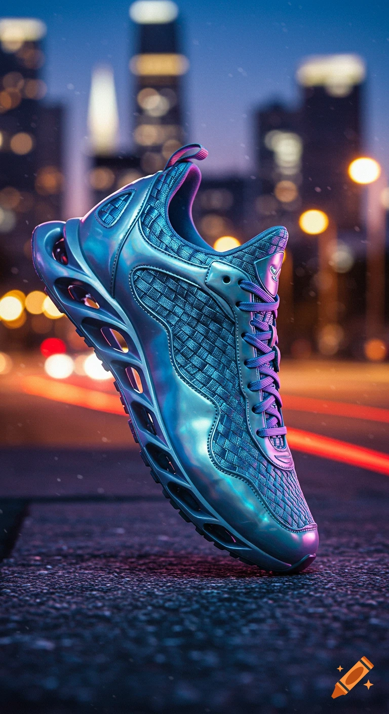 A sleek, metallic silver and blue sneaker with purple laces floats above a dark urban street at night, with blurred city lights in the background.