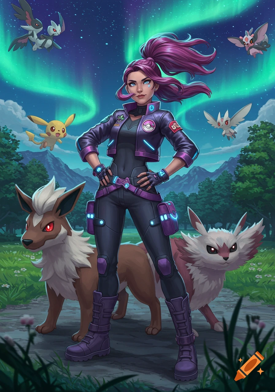 A woman in a purple and black outfit stands with Pokémon in a field under the aurora borealis, digital art.
