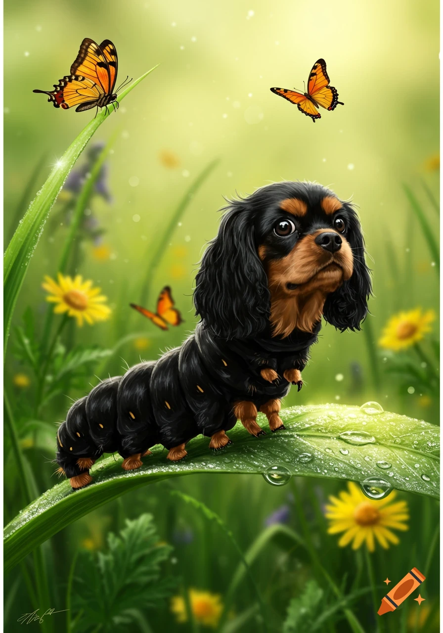 Illustrative black and tan Cavalier King Charles Spaniel caterpillar on a dewy leaf with butterflies in a lush green field.