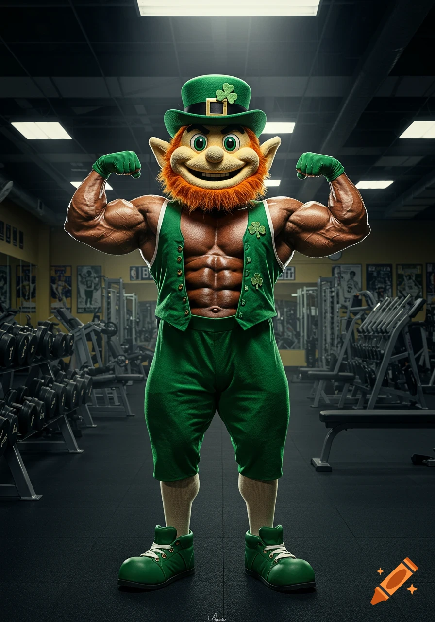 A photorealistic muscular leprechaun mascot in a green vest and hat flexing his biceps in a gym.