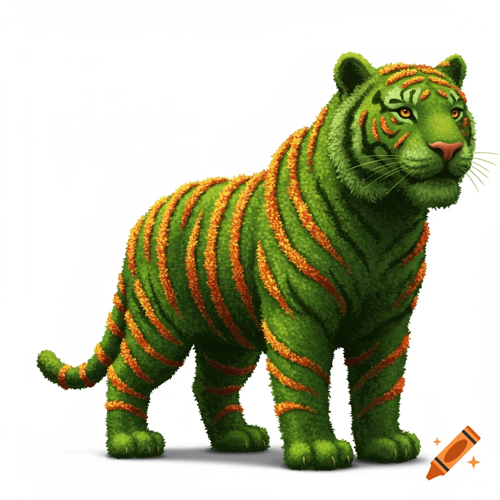 A stylized illustration of a vibrant green hedge tiger with striking orange flower stripes, standing against a plain white background.