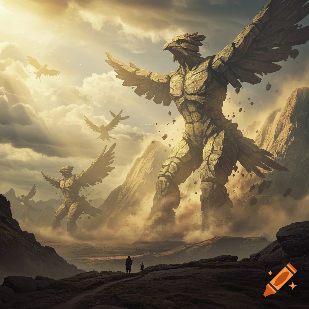 Colossal rock bird-like giants emerge from a dusty, mountainous landscape under a dramatic sky, watched by two small figures. Epic fantasy.