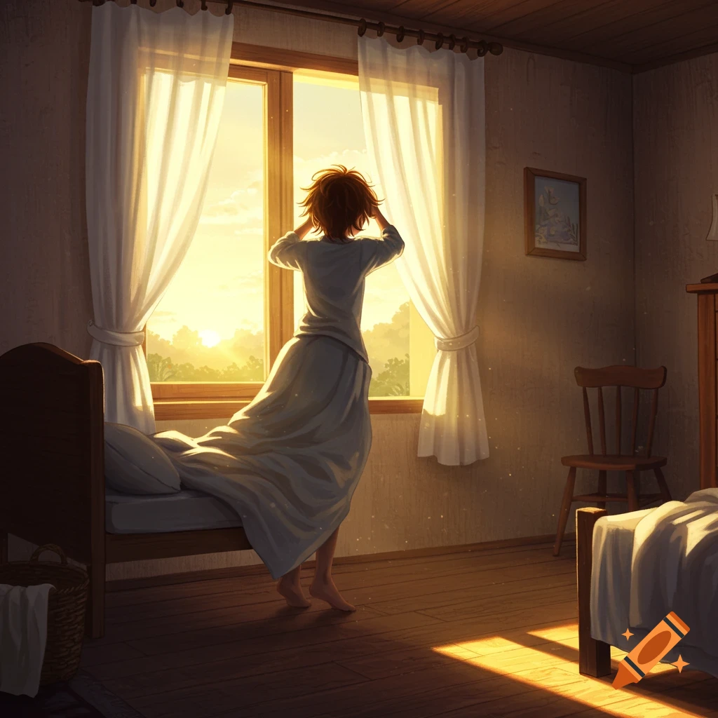 Anime illustration of a person in a nightgown standing by a bedroom window, bathed in golden sunrise light.