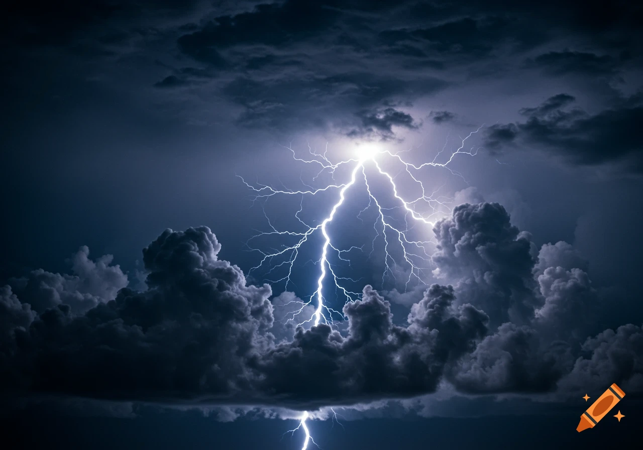A powerful lightning bolt illuminates dark, dramatic storm clouds in a moody sky.
