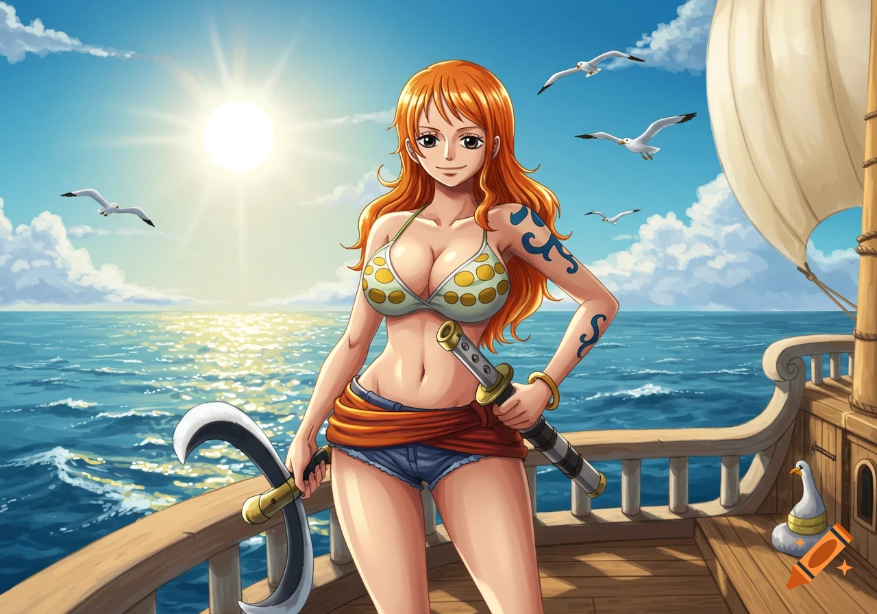 Anime character Nami in a yellow polka dot bikini and denim shorts stands on a ship deck, holding a staff, with a sunny ocean background.