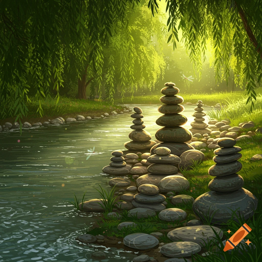 A serene nature scene with a river flowing through a lush green forest, with several stacks of balanced stones on the bank.
