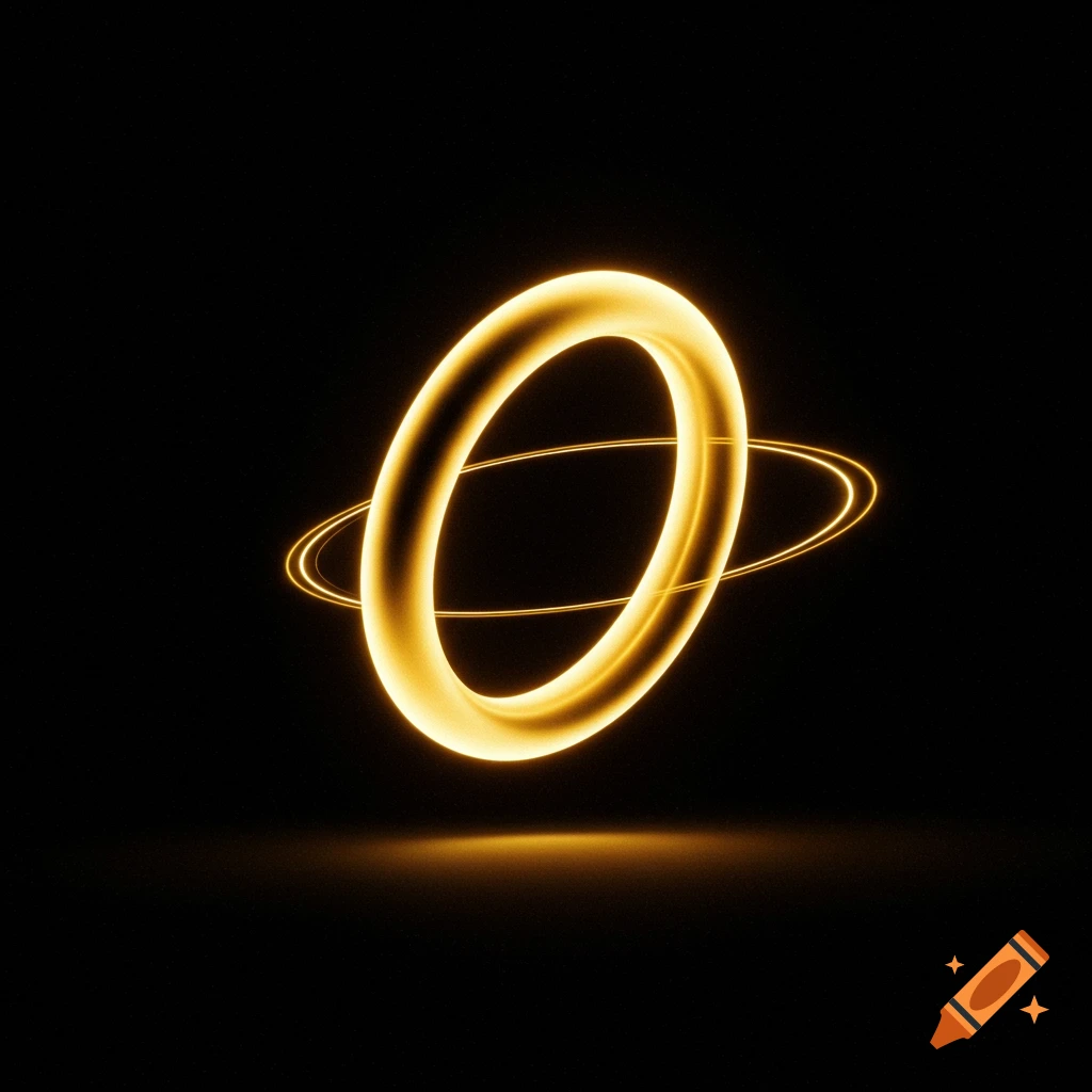 A glowing golden ring with a brighter halo and aura, casting a faint glow on a black reflective surface.