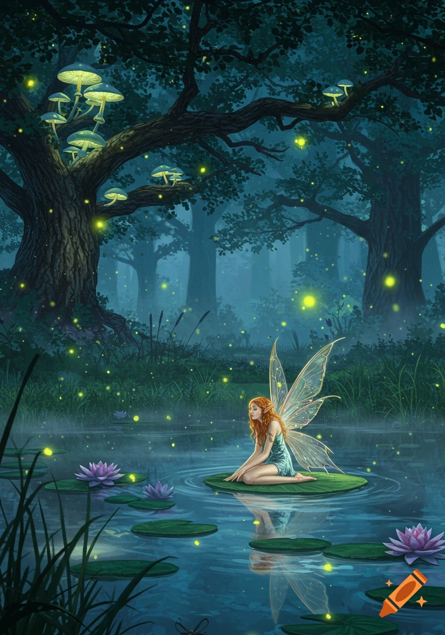 A red-haired fairy with translucent wings sits on a lily pad in a magical, dark pond, surrounded by glowing mushrooms, fireflies, and lotus flowers in an enchanted forest.